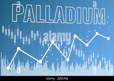 Palladium-Kursdiagramm auf blauem Finanzhintergrund mit Kerzenständer, Chart, Zahlen. 3D Rendern Stock Vektor