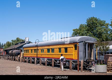 Union Pacific, stationär, Eisenbahnwaggon in der Altstadt von Sacramento, Kalifornien, USA, Stockfoto