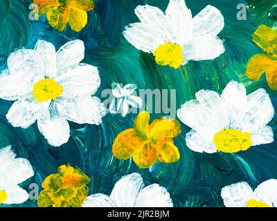 Abstrakte Malerei weiße Blumen auf grün, original handgezeichnet, Impressionismus-Stil, Farbtextur, Pinselstriche der Farbe, Hintergrund der Kunst. Moderne Kunst Stockfoto
