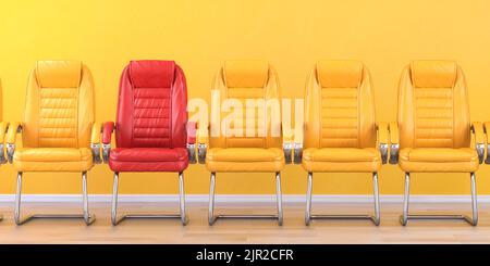 Roter Stuhl in einer Reihe von gelben Stühlen in einem Büro. Geschäfts-, Führungs-, Rekrutierungs- und Beschäftigungskonzept. 3D Abbildung Stockfoto