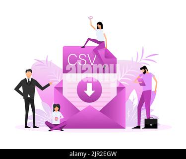 CSV-Datei herunterladen. Personengruppe mit CSV-Dokument. Isometrischer Vektor. Symbolvektor Stock Vektor