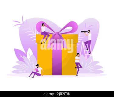 Flache Stil Geschenkbox Menschen für Promotion-Design. Flache Vektorgrafik Stock Vektor