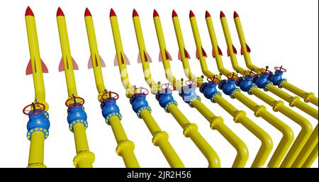 Krise, Gasleitung in Waffen verwandelt, das Konzept einer Bedrohung der europäischen Energiesicherheit, 3D Illustration isoliert auf weißem Hintergrund Stockfoto