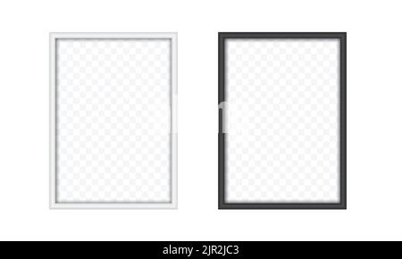 Set aus realistischen rechteckigen Bild- oder Fotorahmen aus Holz. Schwarz und Weiß mit Schatten und transparentem Hintergrund - Vektor Stock Vektor