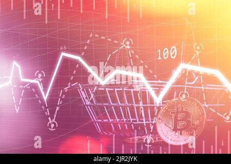Chart des Verkaufs und Kaufens von Bitcoin an der Börse. Der Rückgang der Kryptowährungsrate. Handel an der Börse. Bildschirm mit Tisch und CO Stockfoto