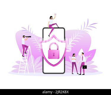 Cartoon mit sicheren Schloss Menschen. Digitale Bank. Flache Vektorgrafik Stock Vektor