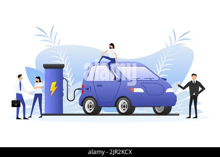 Laden von Elektrofahrzeugen. EV-Ladevorgang. Vektorgrafik Stock Vektor