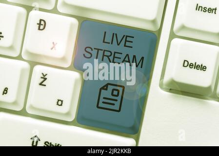 Hand schreiben Zeichen Live Stream. Konzept, das bedeutet, dass Video- und Audioabdeckung über Internet -48941 übertragen oder empfangen wird Stockfoto
