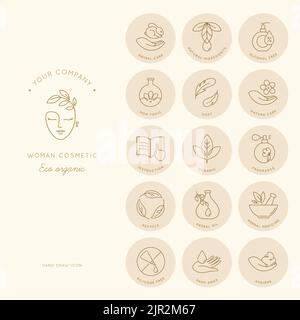 Symbol für Öko-Kosmetik. Bio-Naturprodukte Alkohol und silikonfreie Linie Symbole für die Verpackung. Stock Vektor