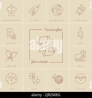 Stoff mit dünnen Linien-Ikonen: Nachhaltige Mode, Öko-Label, Liebe, Familienunternehmen, Seidentextilien, Wolle, Handarbeit, Kaschmir und Baumwolle. Stock Vektor