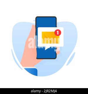 Hand hält Telefon mit Post neue Nachricht auf weißem Hintergrund. Vektorgrafik. Stock Vektor