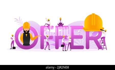 Button mit Angebot Zeichen Menschen für Promotion-Design. Sonderangebot. Vektorgrafik Stock Vektor