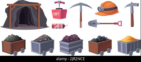 Bergbauwagen. Zeug für Bergleute Helm Sprengstoffe pickaxe Taschenlampe Seil und Karren mit natürlichen Ressourcen genaue Vektor-Vorlagen Stock Vektor