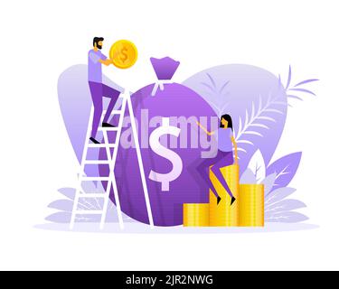 Flache Illustration mit Investmentmanagement People Coins. Flache Vektorgrafik Stock Vektor