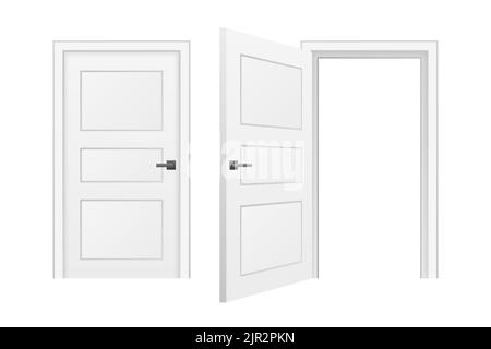 Cartoon-Tür. Geöffnete und geschlossene Holztüren. Vektorgrafik. Stock Vektor