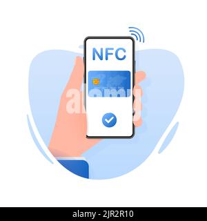 Illustration mit nfc People für das Design mobiler Apps. Verdienen Sie online Geld. Online-Banking Stock Vektor