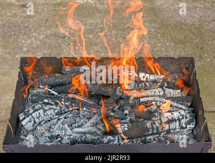 Nahaufnahme von Brennholz, das in hausgemachtem Brazier zum Kochen von Grill oder Kebab brennt. Stockfoto