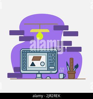 Ein Arbeitsplatz mit einem Desktop-Computer, Büromaterial und einer Kaffeetasse im Büro Stock Vektor