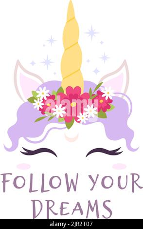 Niedliches Einhorn-Gesicht mit Girly-Print. Lustige Feen Pony Maske, magisches Tier mit positivem Phrase Poster. Moderner Baby Sommer T-Shirt Aufkleber, rassige Vektor Stock Vektor