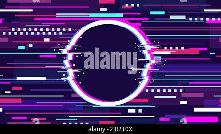 Störung digitaler Hintergrund. Dunkles Fernsehbanner mit kreiszerstörten Rahmen. Spiele-Grafik, farbenfroher fernsehbildschirm. Cyberpunk Noise racy Vektor Stock Vektor