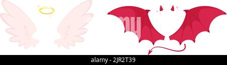 Engel- und Teufelsflügel. Cartoon-Kostüm des Bösen oder Güte. Niedlicher weißer Flügel mit Heiligenschein, roten dämonischen Hörnern und Schwanz. Isoliert flach rassig wahr und Stock Vektor