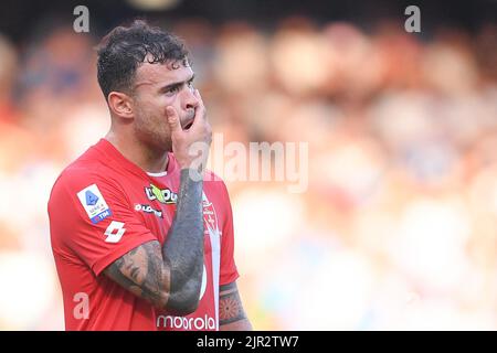 Neapel, Italien. 21. August 2022. Andrea Petagna von AC Monza sieht am 21. August 2022 im Stadio Diego Armando Maradona, Neapel, Italien, beim Spiel der Serie A zwischen Napoli und Monza niedergeschlagen aus. Kredit: Giuseppe Maffia/Alamy Live Nachrichten Stockfoto