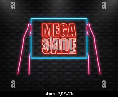 Hand hält Schild mit Text - Mega Sale. Mann mit Plakat-Banner. Vektorgrafik. Stock Vektor