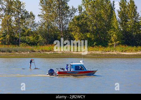 Motorboot- und Paddelboarder fahren den Steveston-Kanal in British Columbia, Kanada, hinunter Stockfoto