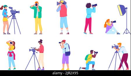 Fotografen und Operatoren. Künstlerischer Fotograf und Kameramann, professioneller Hochzeitsvideograf, der Video- oder Fotoaufnahmen macht, Foto-Crew-Vektor-Illustration des Fotografen-Betreibers Stock Vektor