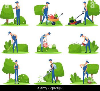 Gärtner Wartung Hinterhof. Mann beschneiden Garten Hecke Pflanze, trimmen Baum Pflege jardin Schneiden Gras Rasenmäher Garten Landschaft Arbeiter mit Schubkarre, neoterische Vektor-Illustration Stock Vektor