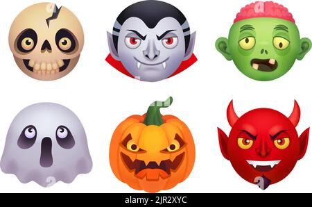 Halloween Monster Emoji. Scary Monster Kostüm 3D Gesicht Emojis, Comic Zombie Kopf Avatar Horror Charakter Emoticon Sammlung Grusel Geist Ausdruck, geniale Vektor-Illustration von halloween-Kostüm Stock Vektor