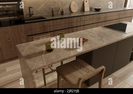 Japandi modernes apartment im skandinavischen Stil. Küche mit Holzschrank, Marmor-Arbeitsplatte Insel. 3D Darstellung rendern. Stockfoto