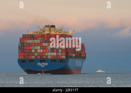 Hyundai-Containerschiff, das am 17. August 2019 den Hafen von Los Angeles verlässt, und ein kleines Kreuzfahrtboot im Hafen von Los Angeles, Kalifornien, USA. Stockfoto