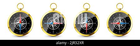 Realistischer goldener Vintage-Kompass mit mariner Windrose und Himmelsrichtungen von Nord, Ost, Süd, West. Kompass aus glänzendem Metall Stock Vektor