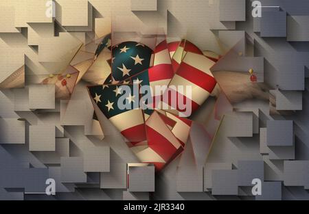 USA Flagge geflügeltes Herz an die Oberfläche geklemmt. 3D-Rendering Stockfoto