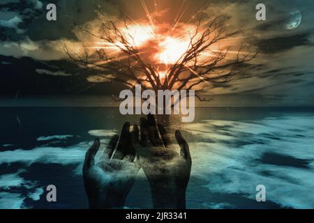 Betende Geste in surrealer Landschaft. 3D Rendern Stockfoto