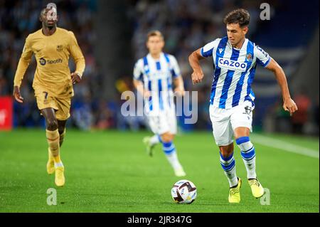 San Sebastian, Spanien. Am 21. August 2022 spielte Martin Zubimendi von Real Sociedad während des La Liga-Spiels zwischen Real Sociedad und FC Barcelona am 21. August 2022 im Stadion reale Arena in San Sebastian, Spanien. (Foto von Cesar Ortiz / PRESSIN) Stockfoto