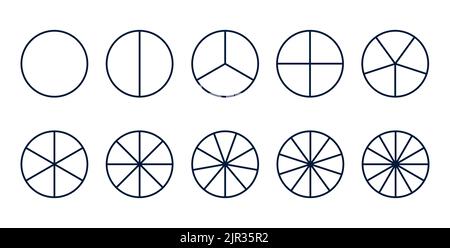 Kreise geteiltes Diagramm 3, 10, 7, Diagrammsymbol Kreisform Schnittdiagramm. Segmentkreis rund Vektor 6, 9 Infografik. Stock Vektor