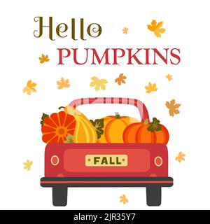 Kürbisse im roten Bauernhof Pickup, Herbstblätter auf weißem Hintergrund Vektorgrafik. Herbst Ernte vintage LKW-Auto-Design. Herbstsaison Landwirtschaft Stock Vektor