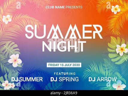 Sommernacht Tanzparty Strand Flyer Design. Sommer Nacht Sonnenuntergang tropischen Vektor Poster Vorlage Hintergrund Stock Vektor