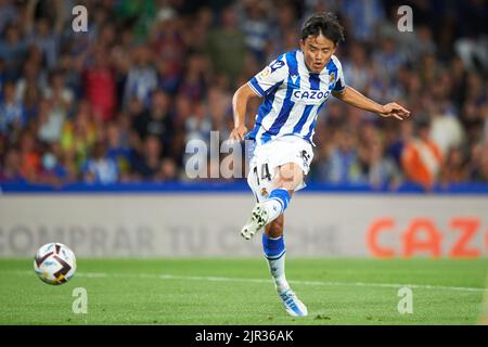 San Sebastian, Spanien. 21. August 2022, Takefusa Kubo von Real Sociedad während des La Liga-Spiels zwischen Real Sociedad und FC Barcelona am 21. August 2022 in San Sebastian, Spanien, gespielt. (Foto von Cesar Ortiz / PRESSIN) Stockfoto