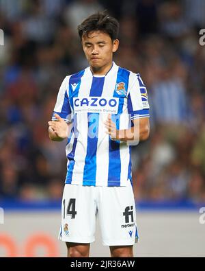 San Sebastian, Spanien. 21. August 2022, Takefusa Kubo von Real Sociedad während des La Liga-Spiels zwischen Real Sociedad und FC Barcelona am 21. August 2022 in San Sebastian, Spanien, gespielt. (Foto von Cesar Ortiz / PRESSIN) Stockfoto