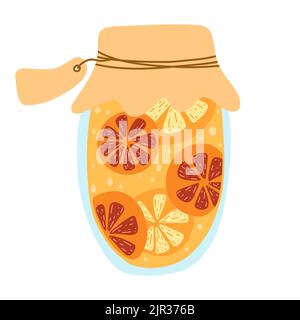 Hausgemachte Orangen- und Grapefruitkonfitüre, Obst aus der Dose in handgezeichneter, flacher Form. Vektor-Illustration von Glas mit konservierten Lebensmitteln, Kompott Stock Vektor
