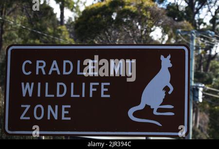 Das Straßenschild kennzeichnet die Cradle Mountain Wildlife Zone in Tasmanien, Australien Stockfoto