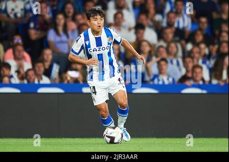 San Sebastian, Spanien. 21. August 2022, Takefusa Kubo von Real Sociedad während des La Liga-Spiels zwischen Real Sociedad und FC Barcelona am 21. August 2022 in San Sebastian, Spanien, gespielt. (Foto von Cesar Ortiz / PRESSIN) Stockfoto