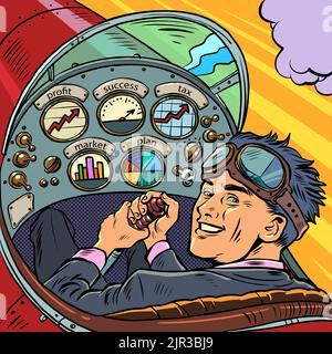 Cockpit eines Retro-Flugzeugs, der Pilot führt das Flugzeug. Pilotenberuf. Pop Art retro Vektor Illustration 50s 60s Stil kitschig vintage Stock Vektor