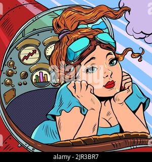 Cockpit eines Retro-Flugzeugs, die Frau Pilot führt das Flugzeug. Pilotenberuf. Pop Art retro Vektor Illustration 50s 60s Stil kitschig vintage Stock Vektor