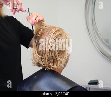 Ein Friseur schneidet eine blonde weibliche Haare mit einem Kamm und einer Schere im Schönheitssalon Stockfoto