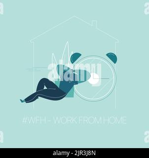 WFH - Arbeit von zu Hause, Home Office. Ein Mitarbeiter arbeitet wegen der COVID-19-Coronavirus-Epidemie von zu Hause aus. Dünne Linien in flachem Stil. Stock Vektor