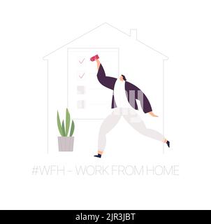 WFH - Arbeit von zu Hause, Home Office. Ein Mitarbeiter arbeitet wegen der COVID-19-Coronavirus-Epidemie von zu Hause aus. Dünne Linien in flachem Stil. Stock Vektor